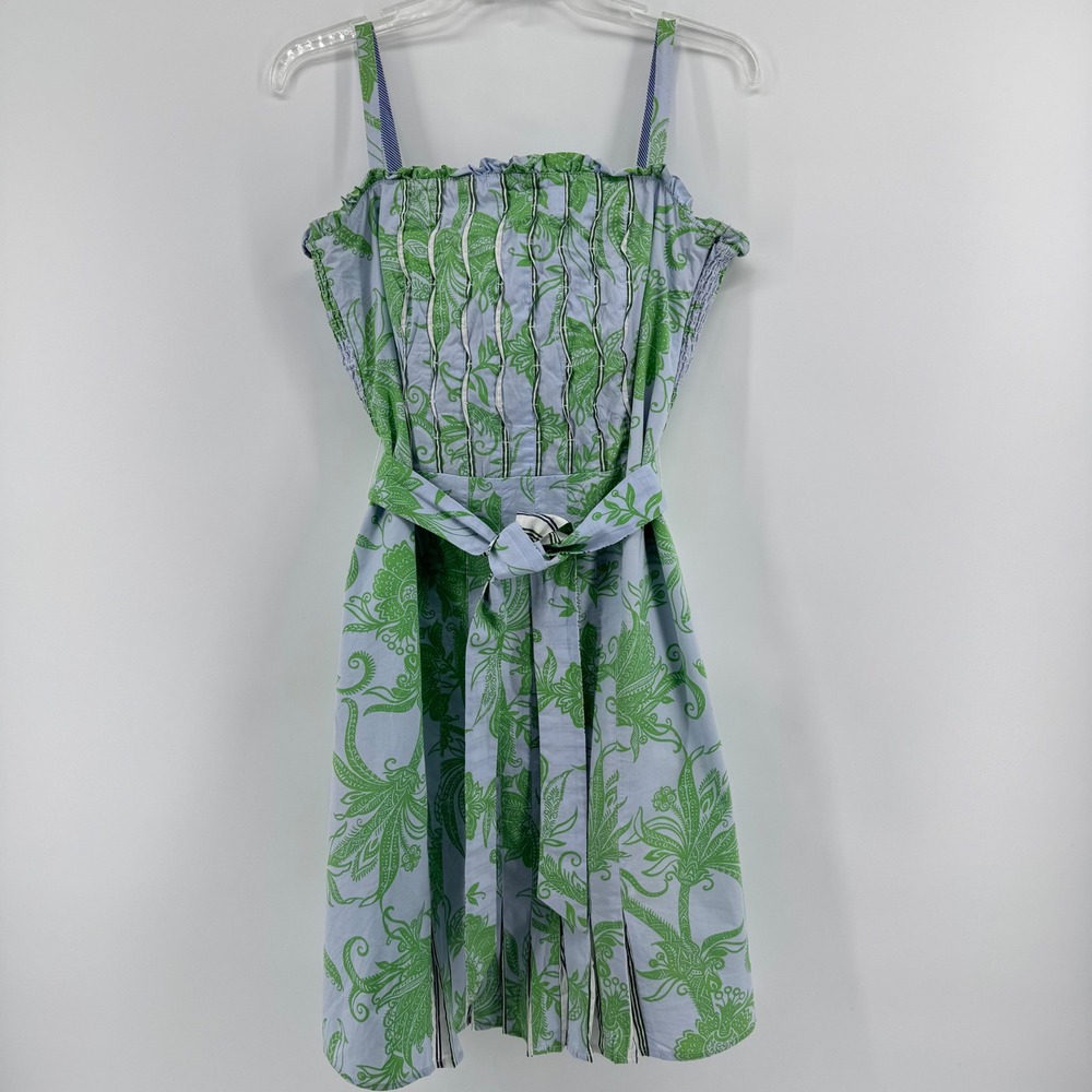 Robert‎ Graham Blue Green Tropical Smocked Pleated Hem Stripe Sundress Small